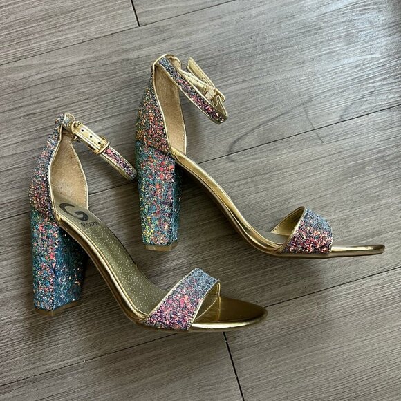 G By Guess Shantel Gold Rainbow Glitter Party Strappy Block Heels Size W7 - Picture 2 of 7